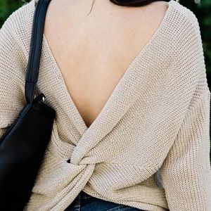 Stitch Fix Moon & Madison Open Knit Criss Cross Twist Back Sweater Boho Tan NWT
